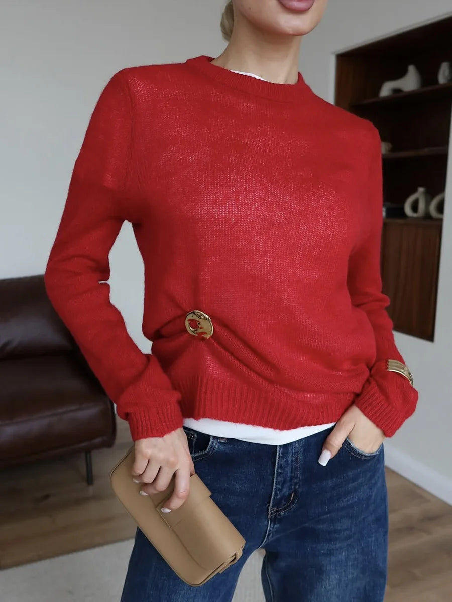 Maglia in misto Mohair, morbida e traforata, scollo tondo, con vestibilità normale e aspetto minimal fashion