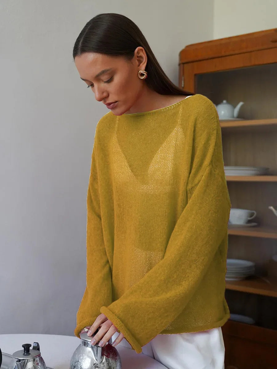 Pullover fashion a maglia traforata, scollo a barca,  vestibilità ampia, ampia gamma di colori, ideale per le sere di Primavera