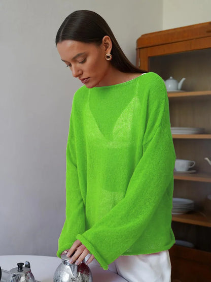 Pullover fashion a maglia traforata, scollo a barca,  vestibilità ampia, ampia gamma di colori, ideale per le sere di Primavera