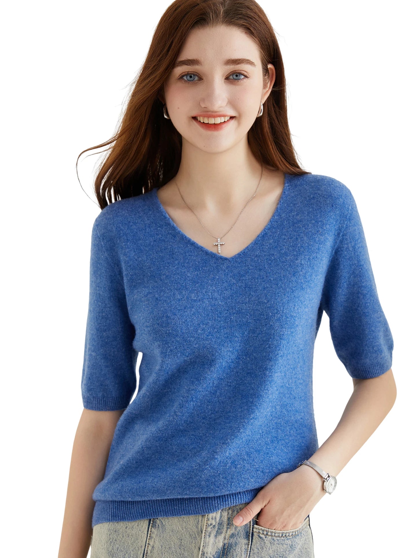 Maglietta 100% lana Merinos, scollo a V e maniche corte, per la Pimavera e le sere d'Estate