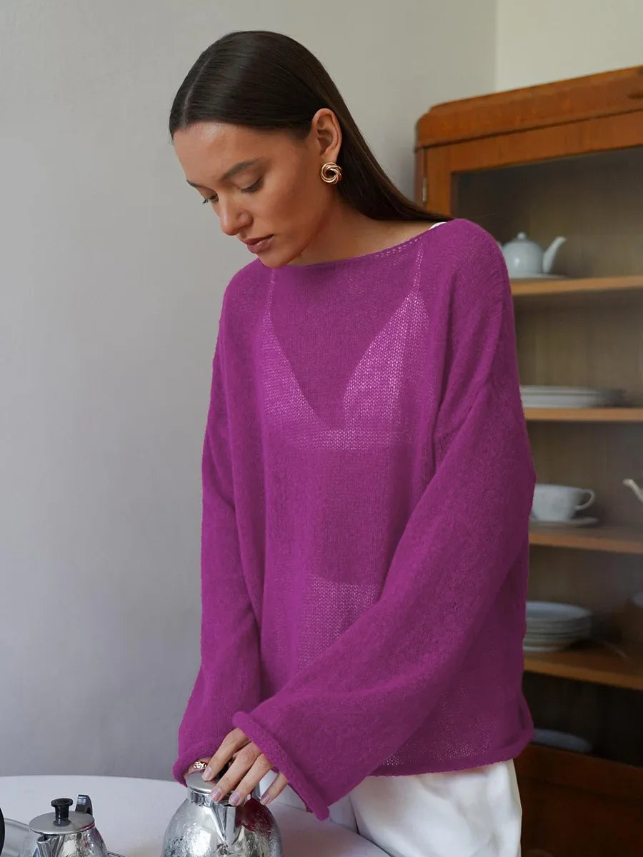 Pullover fashion a maglia traforata, scollo a barca,  vestibilità ampia, ampia gamma di colori, ideale per le sere di Primavera