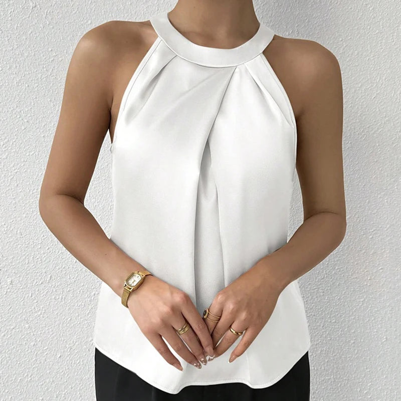 Summer Women's High End Satin Tank Shirt New Color Silk Blouse Round Neck Sleeveless Top Fashionable Elegant Female Clothing
