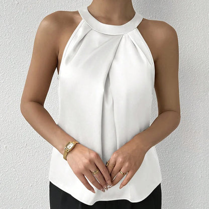 Summer Women's High End Satin Tank Shirt New Color Silk Blouse Round Neck Sleeveless Top Fashionable Elegant Female Clothing