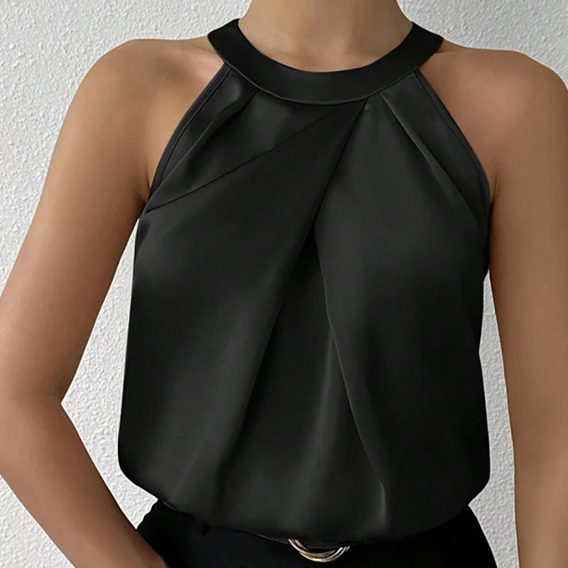 Summer Women's High End Satin Tank Shirt New Color Silk Blouse Round Neck Sleeveless Top Fashionable Elegant Female Clothing