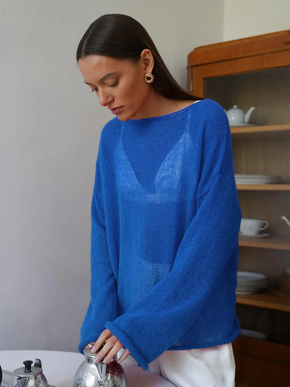 Pullover fashion a maglia traforata, scollo a barca,  vestibilità ampia, ampia gamma di colori, ideale per le sere di Primavera