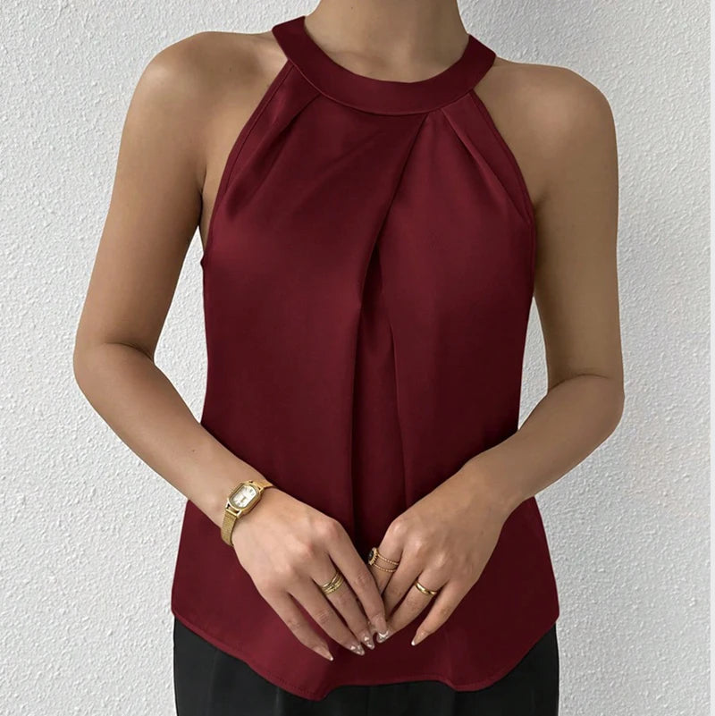 Summer Women's High End Satin Tank Shirt New Color Silk Blouse Round Neck Sleeveless Top Fashionable Elegant Female Clothing