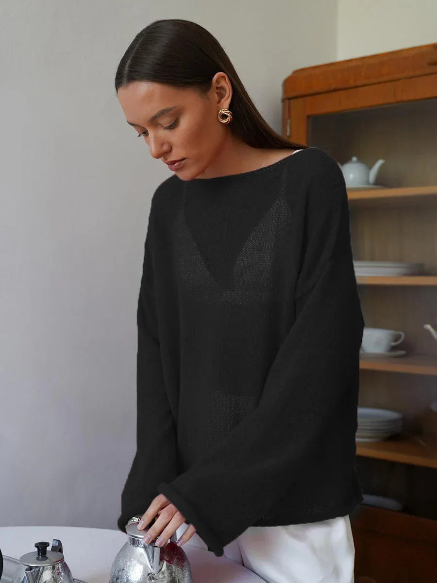 Pullover fashion a maglia traforata, scollo a barca,  vestibilità ampia, ampia gamma di colori, ideale per le sere di Primavera