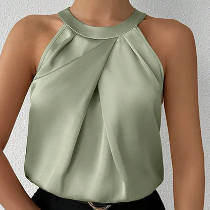 Summer Women's High End Satin Tank Shirt New Color Silk Blouse Round Neck Sleeveless Top Fashionable Elegant Female Clothing