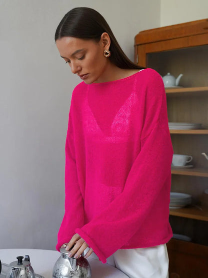 Pullover fashion a maglia traforata, scollo a barca,  vestibilità ampia, ampia gamma di colori, ideale per le sere di Primavera